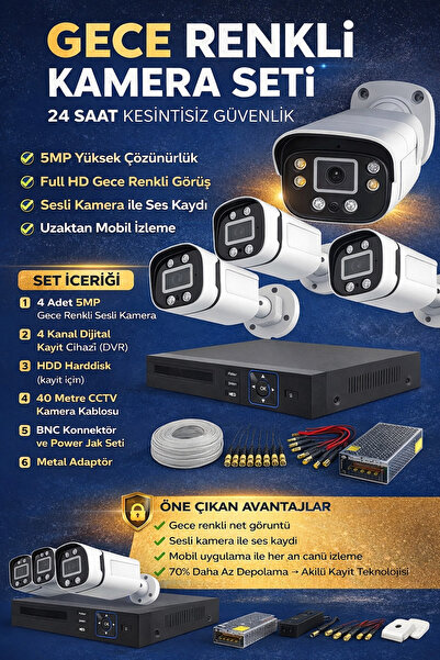 mezay 4’lü Gece Renkli Güvenlik Kamera Seti 5MP Full HD – HDD Dahil Hazır Pak...