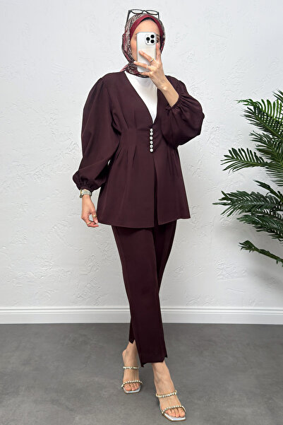 Salih Çelebi V-Neck Pleated Detail Set 0077 - Bordo