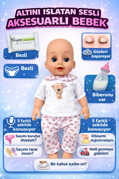 YILDIRIM OYUNCAK Altını Islatan Konuşan Bez ve Biberon Aksesuarlı Gerçekçi Oy...