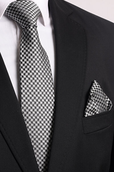 Esgue Hand Made 7.5 cm Black and White Patterned Tie Handkerchief