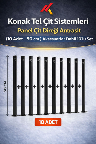 Konak Tel Çit Aksaray (10 ADET) Antrasit Bahçe Panel Çim Çiti Direği 50 cm Ak...