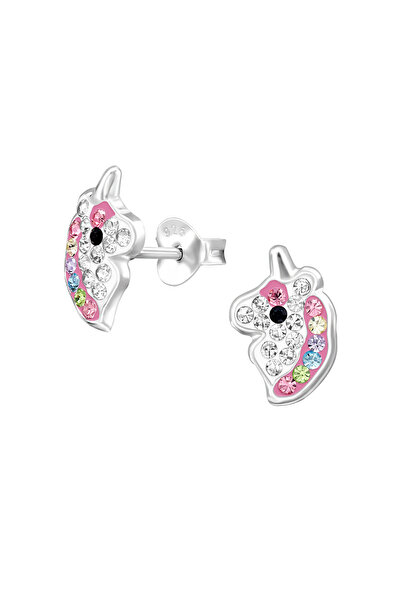 Nobrand Earrings for girls - Unicorn model with crystals, 925 silver, screw f...