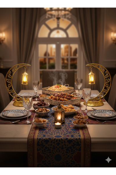 DODOMAR 28 cm Ramazan Dekoratif Masa Üstü LED Lamba Seti - Gold Hilal - Kancalı