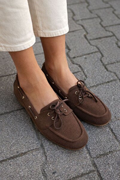 SUDE BULUT ATELİER Kadın Süet Bağcıklı Mokasen Ayakkabı Babet