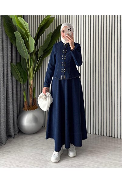 Molly Nelly Γυναικείο Κομψό Σετ με Φούστα από Τζιν με Λεπτομέρεια Διπλού Κουμ...