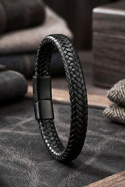 OSMANLI GÜMÜŞ Erkek Deri Bileklik Siyah Saç Örgü Mıknatıslı Kilit Deri Bileklik