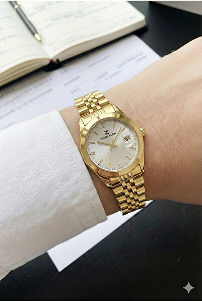 Daniel Klein Kadın Gold Renk Taşlı Kadran Takvimli Klasik Hediyelik Kol Saati