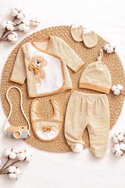 BYS BABY FASHION Sevimli Ayıcık Desenli %100 Pamuklu 5 Parça Erkek Bebek Hast...