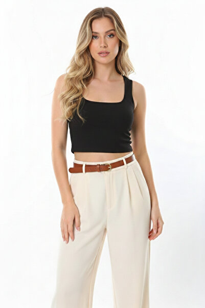 CHEISU Vestă crop cu gât pătrat negru - Bluză cu mâneci zero cu aspect de atl...