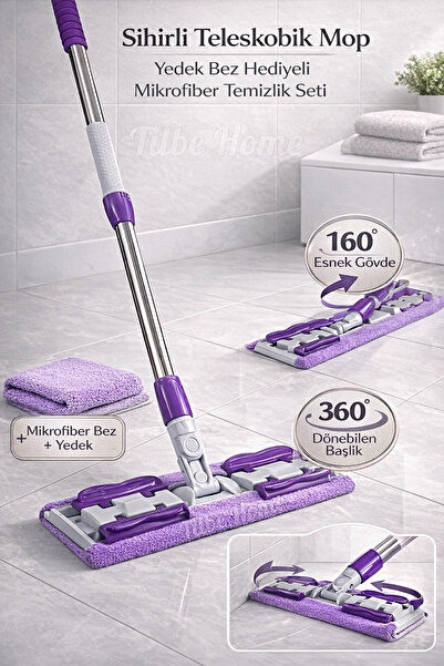 Tilbe Home Sihirli Teleskobik Mop Yedek Bez Hediyeli Yer Mopu Fayans Duvar Yü...