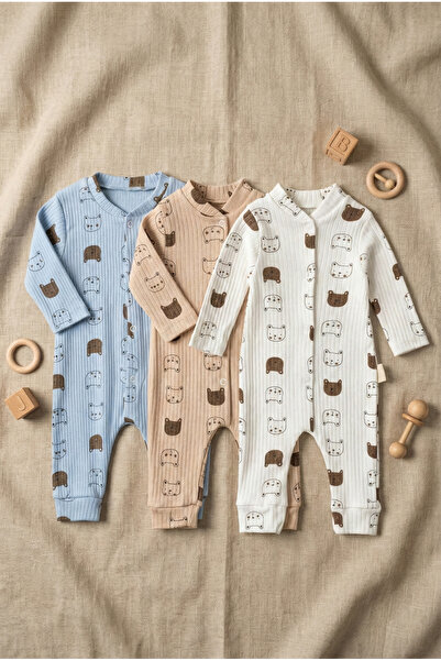 Noone 3-Piece Cotton Baby Romper Set - Teddy Bear and Heart Pattern Snap Clos...