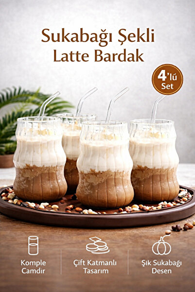 Madamev 4'lü Sukabağı Latte Cam Pipetli Bardak Seti İskandinav Tarz Kahve Kok...