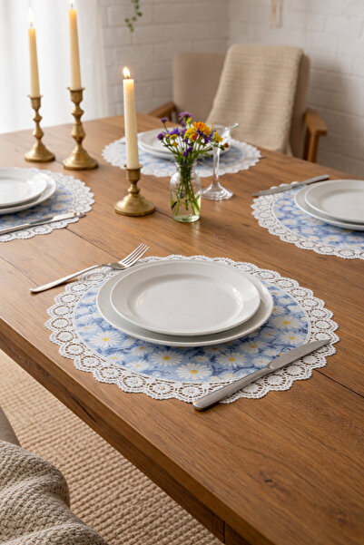 Rona Home Blue Daisy Patterned Lace-Edged Supla Placemat Set of 6 Round Prese...