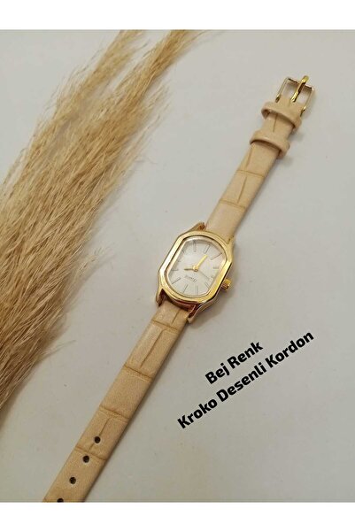 QUARTZ ساعة يد نسائية بتصميم ريترو مينيمال عتيق باللون البيج بنمط جلد التمساح...