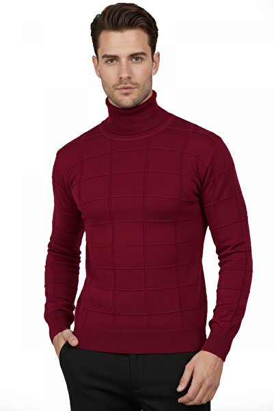 DeepSEA Pulover pentru bărbați, roșu Claret, cu model pătrat, cu gât țesut, s...