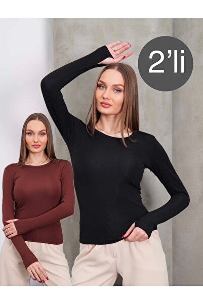 glanour Kadın Siyah Kahverengi Bisiklet Yaka Parmak Detaylı Bluz Body İçi Pol...