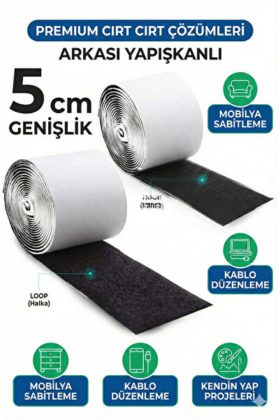 LOVYCO Yapışkanlı Siyah Cırt Cırtlı Bant, 1 Mt Amerikan Fermuarı, 5cm Genişli...