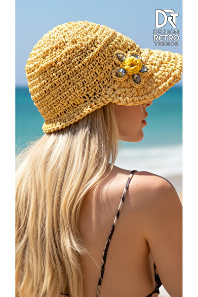 drt tasarım Yazlık Kağıt İp Çiçek Ve Taş Süslemeli Sarı Beyzbol Tarzı Kasket ...