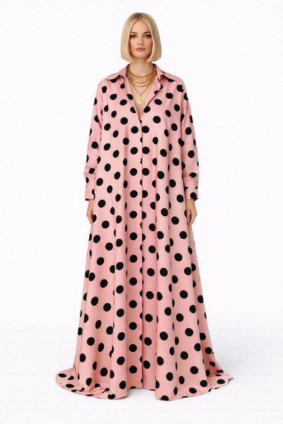 MERT ERKAN Hidden Placket & A-Form/Oversize Patterned Maxi Satin Shirt Dress