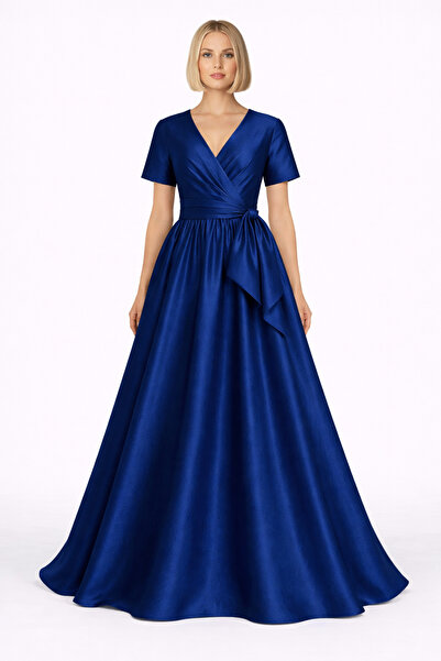 MERT ERKAN Kruvaze Kapamalı & Kuşaklı Maxi Tafta Şık Elbise