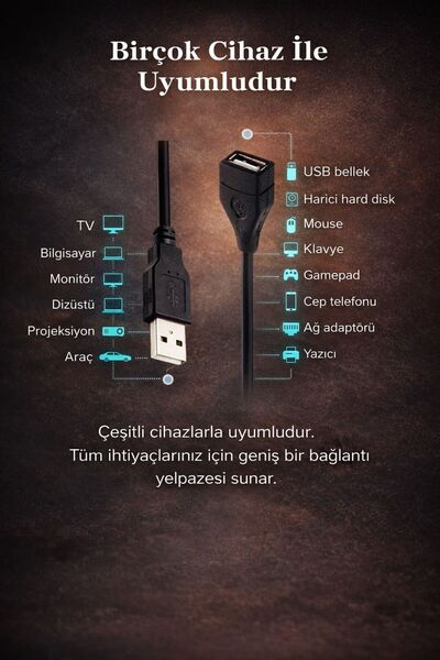 Derwell 5 Metre 5mt Yüksek Hız Usb Uzatma Kablosu Uzatıcı Ara Kablosu Dişi Erkek Gerçek Usb 2.0 Kablo