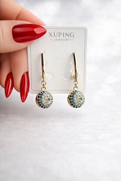 XUPING JEWELRY KUYUMCU SERİ 14K RENGİ ZİRKON TAŞLI NAZAR BONCUKLU ÇELİK KÜPE