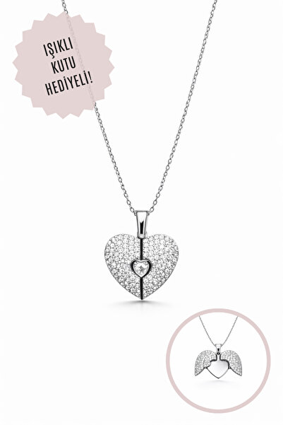 Siminkari Kanatlı Kalp Madalyon Açılabilir Kolye Aşk Kolyesi 925 Gümüş Üzerin...