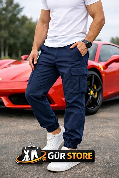 Gür Kargo Cepli Erkek Lacivert Pantolon Bel Lastik Paça Lastik Likralı