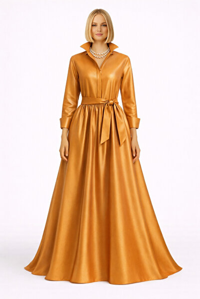 MERT ERKAN فستان قميص أنيق من التفتا مع حزام وتنورة دائرية كاملة مع أزرار مخفية