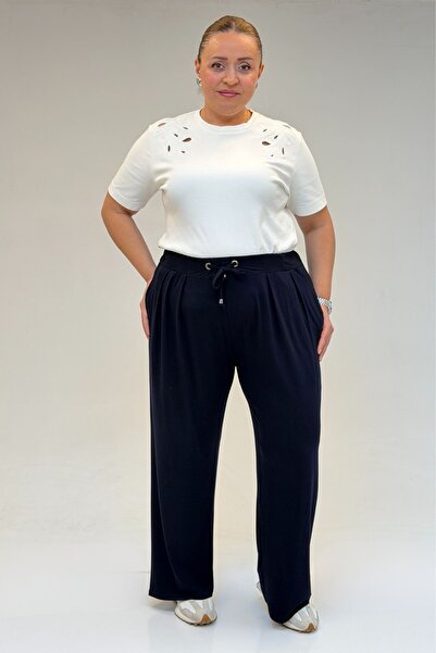 Eslina 59002 Pantaloni din bumbac pieptănat cu pliuri, mărime mare - Albastru...