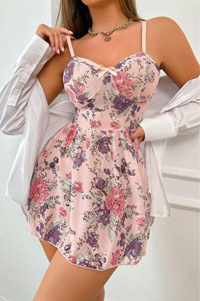 w white stars sports & wear Bella Notte Pink Floral Patterned Strappy Nightgo...