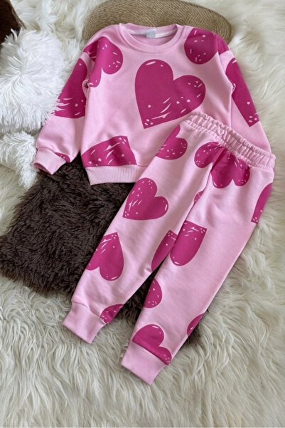 morbella Sweet Cute Heart Patterned 2-Piece Girls' Tracksuit Set