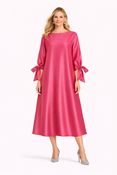 MERT ERKAN Oversized Midi Stylish Satin Dress with Sleeve Mouth Tie Detail