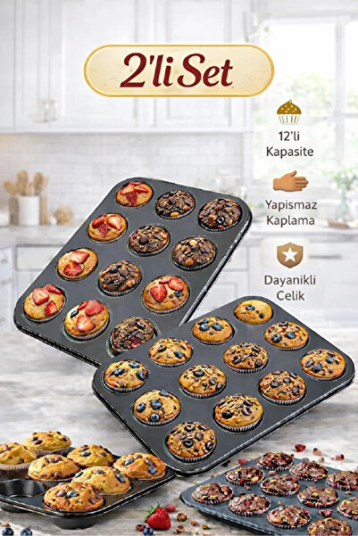 Maridet 12 Bölmeli Muffin Kek Kalıbı 2 Li Set Yanmaz Yapışmaz Çörek Cupcake F...
