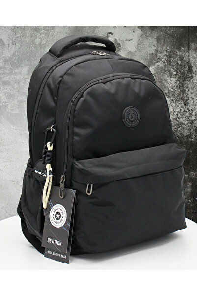 Bevitton Geantă de școală neagră unisex din material textil impermeabil Rucsa...
