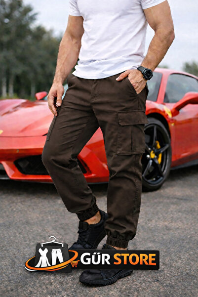 Gür Pack of Cargo Pocket Men's Brown Trousers with Elastic Waist and Elastic ...