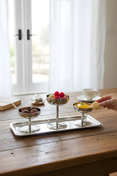 ÖzSa Home Stainless Steel 3-Piece Footed Bowl with Luxury Tray Presentation S...