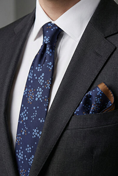 Milleniva Çiçekli Lacivert Kravat & Mendil