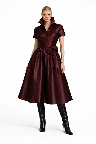 MERT ERKAN Kuşaklı & Kısa Kollu Midi Boy Tafta Gömlek Elbise