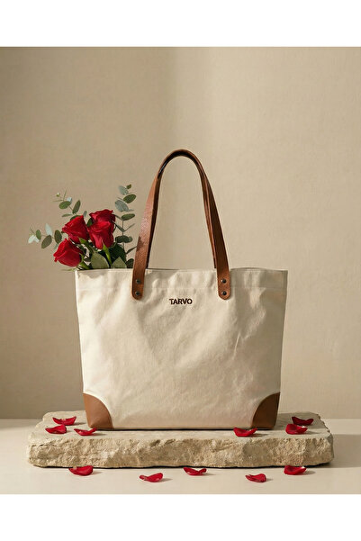 TARVO Deri Detaylı Kanvas Omuz Çantası - İç Cepli ve Çıtçıtlı Büyük Boy Tote Bag