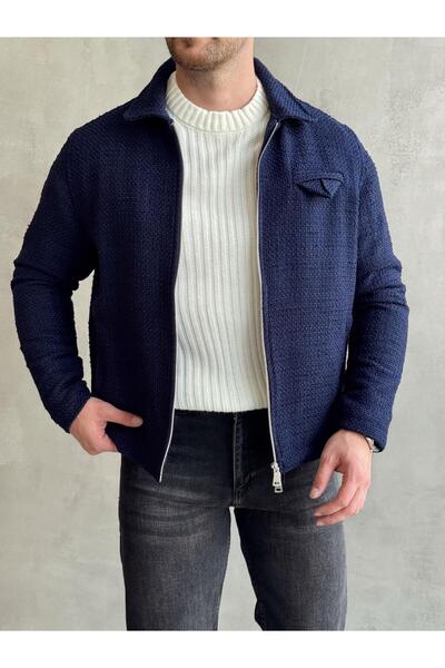 HAVANO Erkek Lacivert Kısa Dokulu Kaşe Ceket Regular Fit Fermuarlı Kışlık Mont