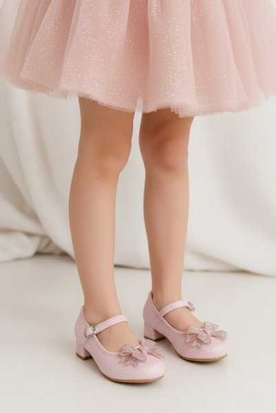 pediashoes KIZ ÇOCUK PEMBE RENK MİNİK TOPUKLU SÜSLÜ FİYONKLU ŞIK ABİYE AYAKKABI