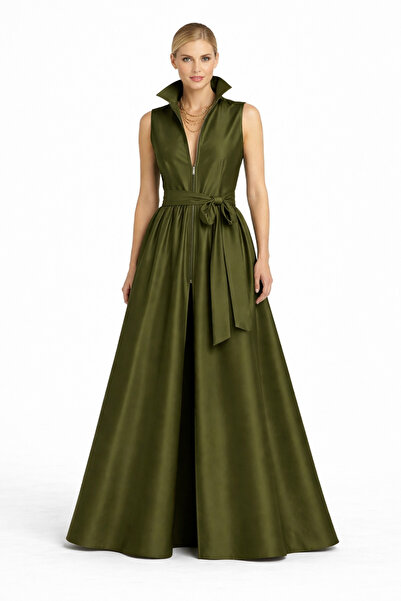 MERT ERKAN Front Separated Zipper Detail & Belted Sleeveless Maxi Taffeta Dress