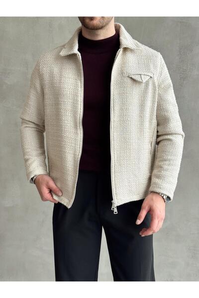 HAVANO Erkek Krem Kısa Dokulu Kaşe Ceket Regular Fit Fermuarlı Kışlık Mont