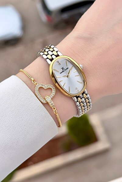 Daniel Klein ساعة يد نسائية وسوار مع حزام ذهبي رمادي اللون قابل للتعديل