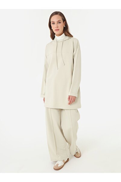 Benin Hooded Tracksuit Set with Stitching Detail - Stone Color -