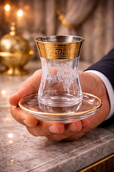 BYART طقم بيالات شاي تركي فاخر 6 قطع مع صحون – نقش ذهبي أنيق للضيافة