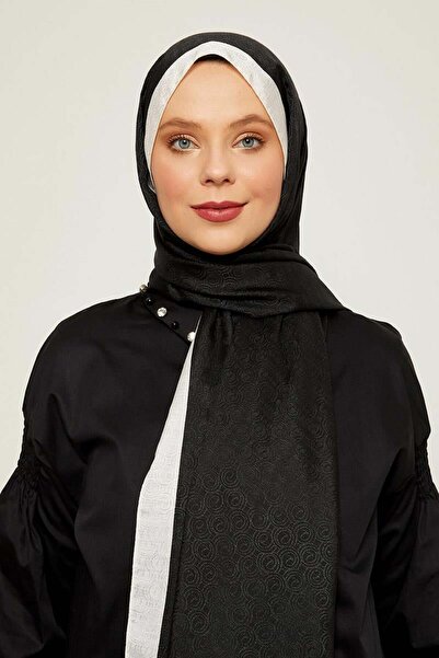 Levidor Siyah - Ekru Halka Desen Monogram Şal