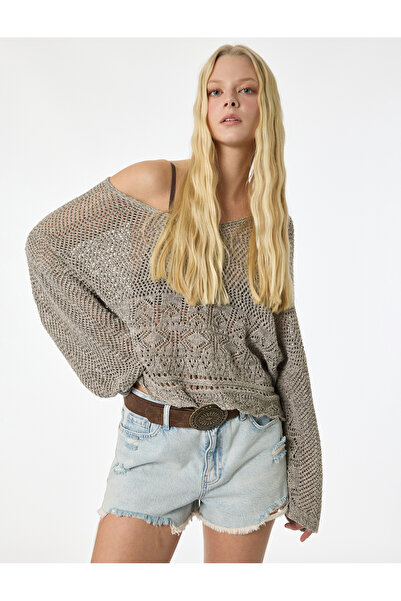 Koton V-Neck Long Sleeve Lace-Like Knit Knitwear Sweater