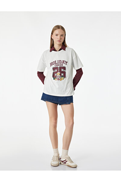 Koton Cotton Short-Sleeved Crew Neck Teddy Bear Printed Oversized Pajama Top